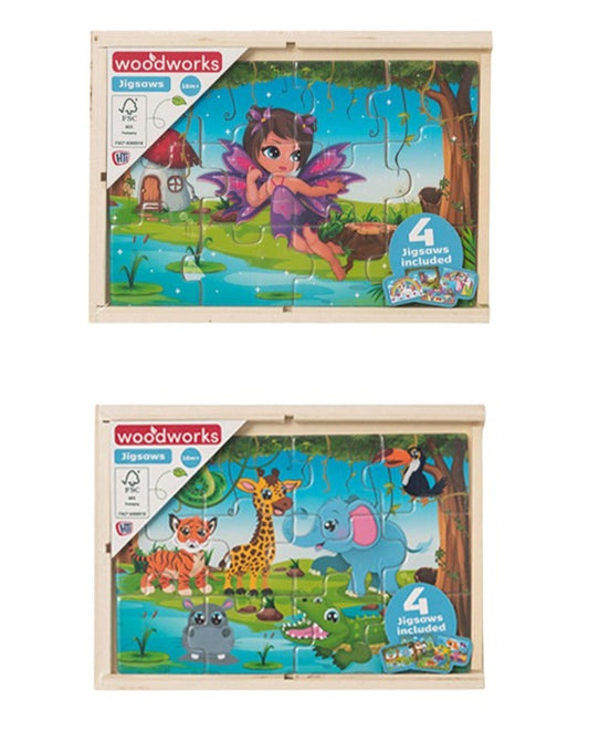 4 WOODEN PUZZLES IN BOX